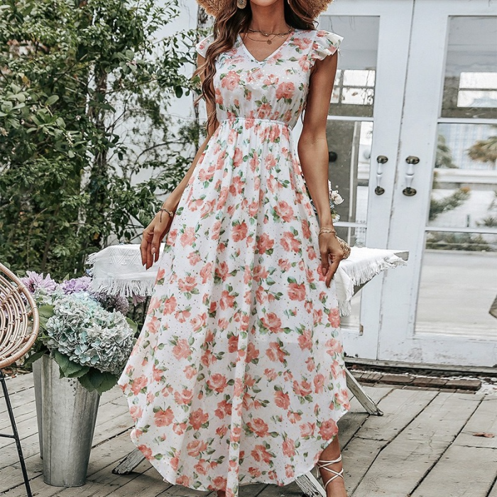 Sexy Backless Floral Fashion Bohemian Beach V-Neck A-Line  Vacation Dress