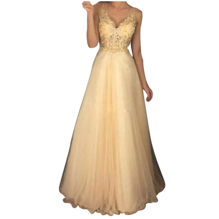 Women's Fashion Gold Sequin Lace Sexy Sleeveless Party V Neck Sling  Prom Dress