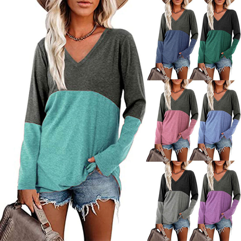 Women's Top Contrast Patchwork V-Neck Long Sleeve Loose Shirts