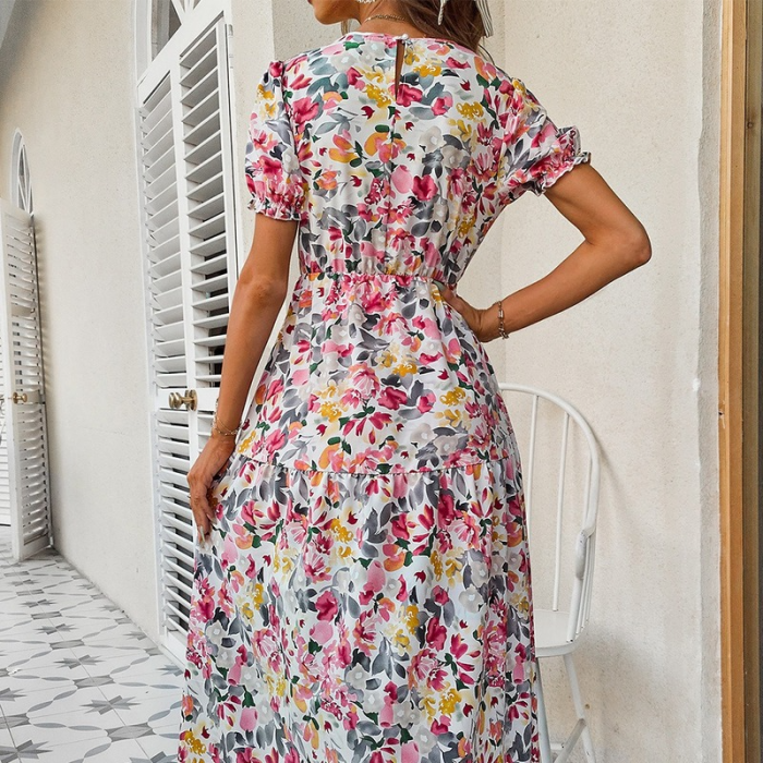 Elegant Boho Women's Floral O-Neck High Waist Zip A-Line Vacation Dress