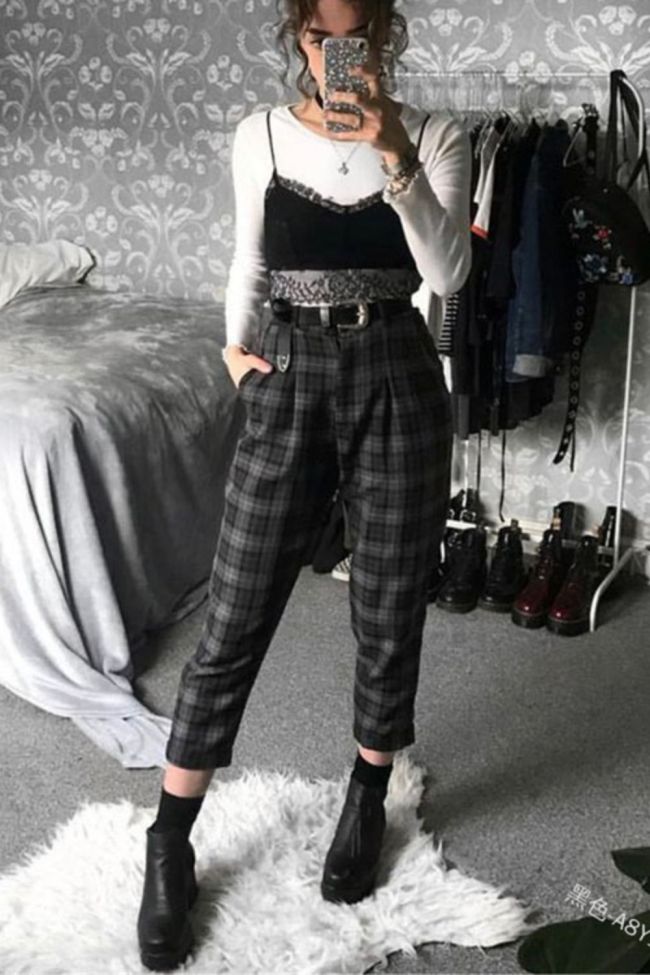 Cool Girl High Waist Harem Sports Plaid Casual  Pants