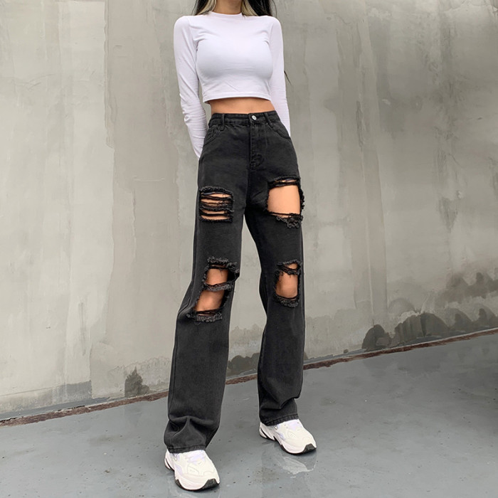 Ripped Women's Casual Hip Hop High Waist Straight Pants