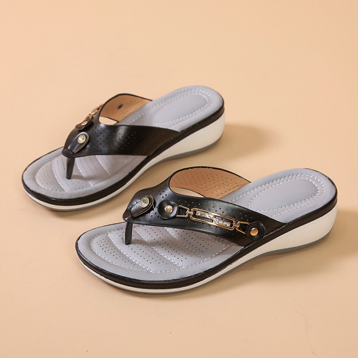 Women's Summer New Fashion Metal Button Wedge Platform Casual Flip Flop Sandals