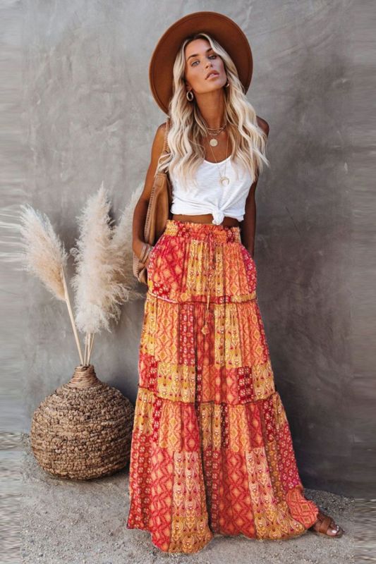 Layered Print Pocket High Waist Loose Beach Skirt