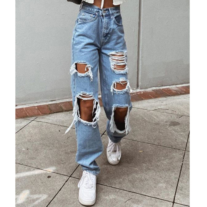 Women's Ripped Loose Wide Leg High Waist Casual Jeans