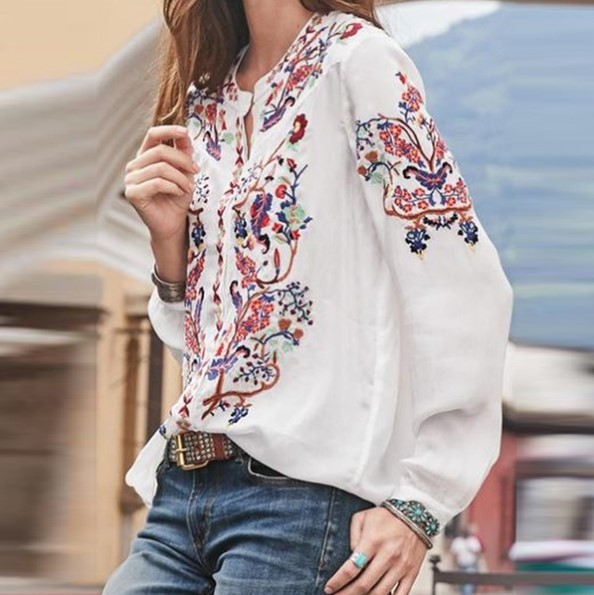 New Women Fashion Long Sleeve Floral Print Loose Casual Shirts