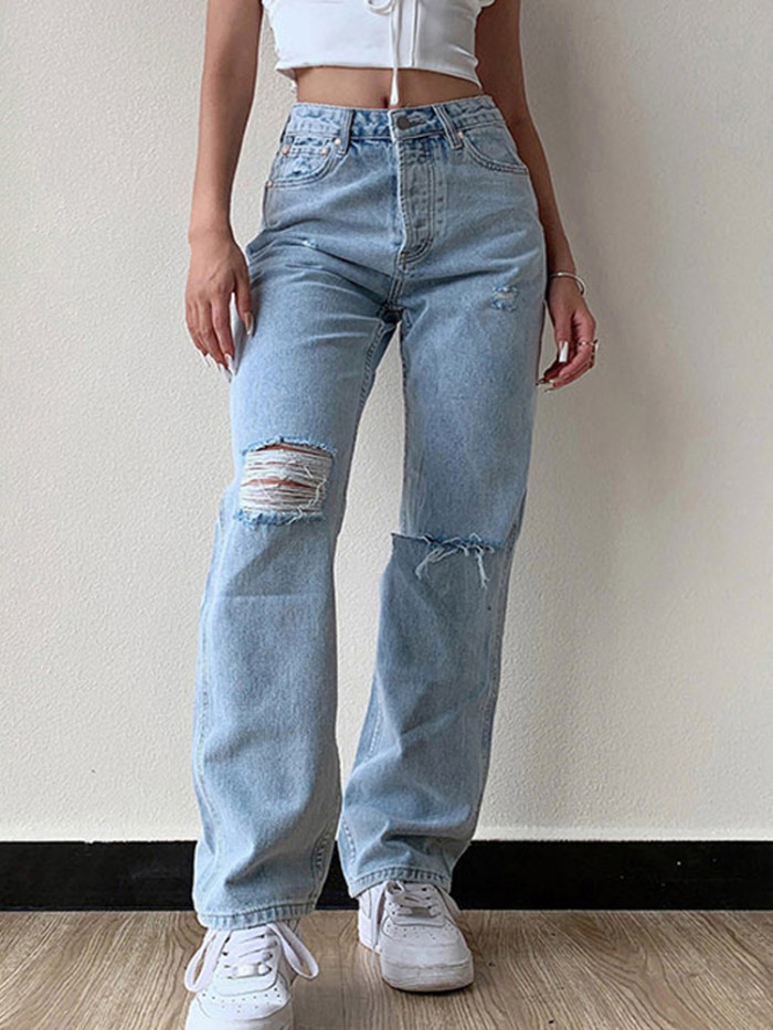 Women's Ripped Loose High Waist Street Straight  Jeans