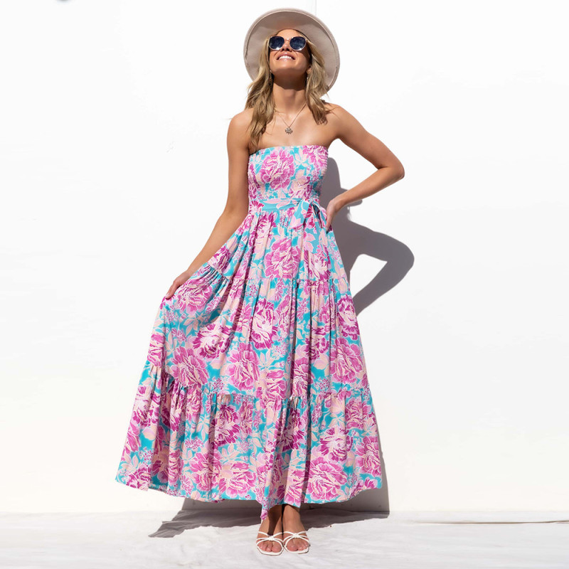 New Printed Beach Boho Fashion Off Shoulder Sexy Bandeau  Vacation Dress