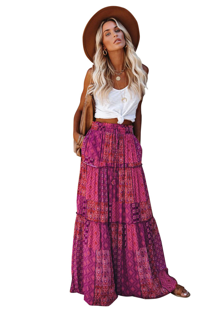 Layered Print Pocket High Waist Loose Beach Skirt