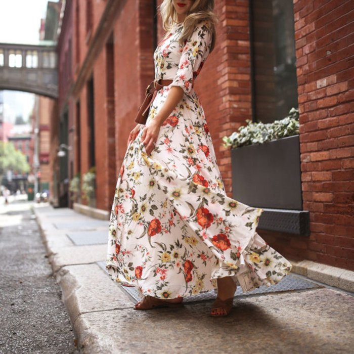 Stylish Elegant Floral Print Half Sleeve Maxi Dresses