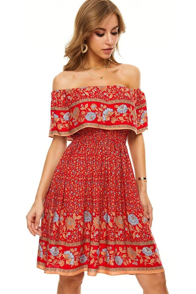 New Boho Print Sexy Off-the-Shoulder  Vacation Dress