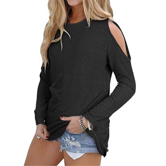 Women's Long Sleeve Off Shoulder Fashion Casual O Neck Loose Solid Color Shirts