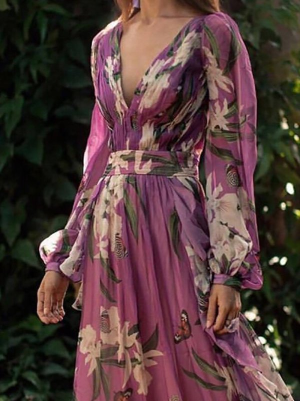 Bohemian Printed Colour V Neck Long Sleeve Pleated Dress