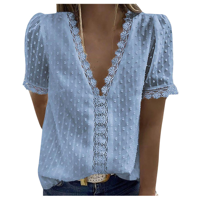 Women's Lace Casual V Neck Cutout   T-Shirts