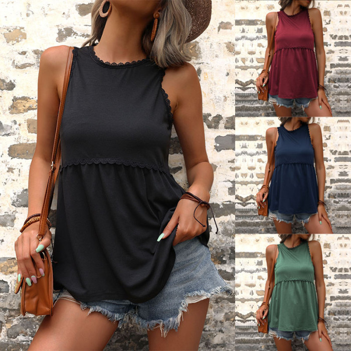 Fashion Women's Top Solid Color Cutout O Neck Sleeveless Casual Loose  T-Shirt