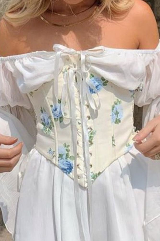 Beach Style Vintage Chiffon Dress With Corset Bandage Hollow Out Bustier Prairie Chic Flare Sleeve Dresses 2 Pieces Set