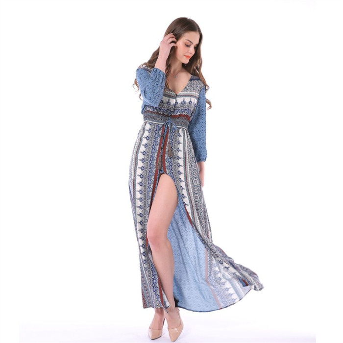 Women's Printed High Waist Chiffon Simple  Vacation Dress