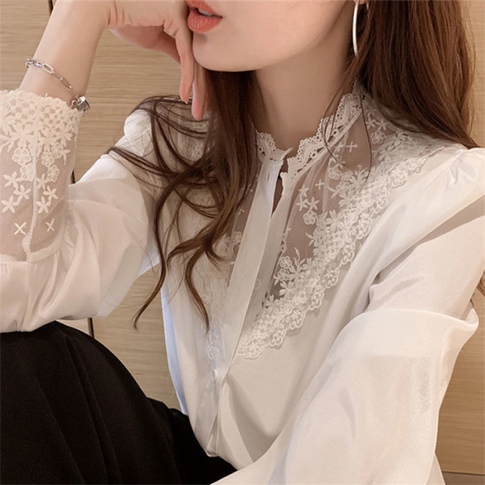 Women Lace Panel Chiffon O Neck Button Long Sleeves Elegant Shirts