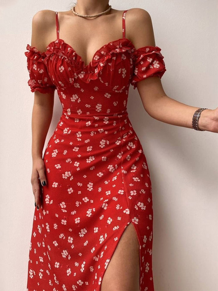 Women's Sexy Sling Slit Party  Elegant Off-the-Shoulder V-Neck Vacation Dress