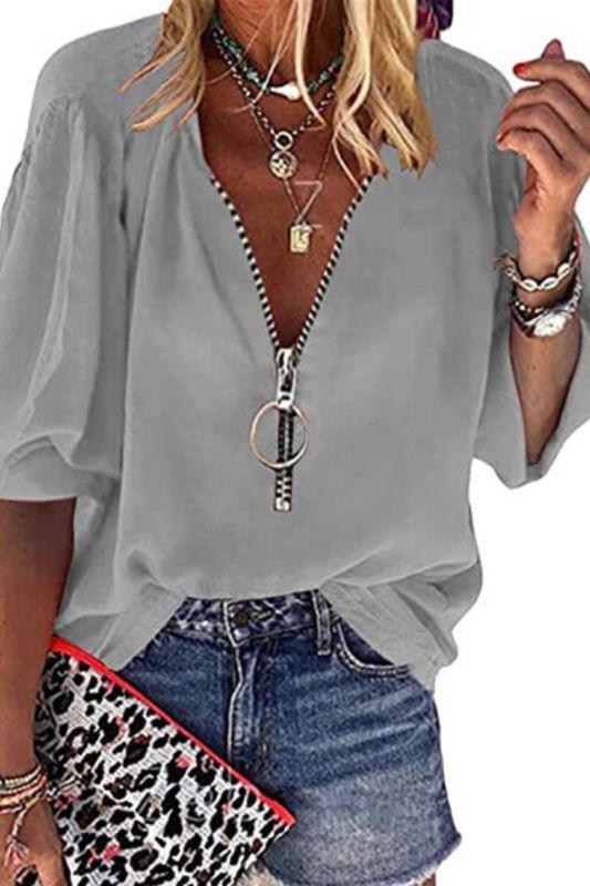 Women's New Solid Color Long Sleeve V-Neck Zipper Casual Shirt