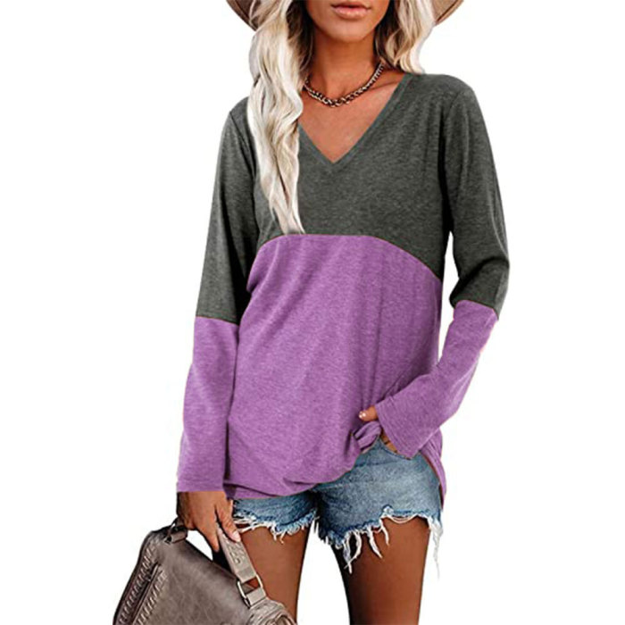 Women's Top Contrast Patchwork V-Neck Long Sleeve Loose Shirts