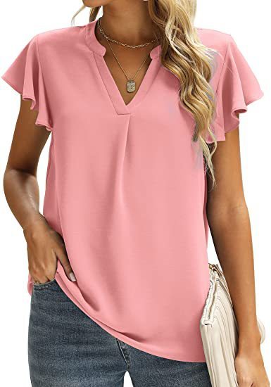 Summer Solid Color Women's Fashion V Neck Elegant Chiffon   T-Shirts