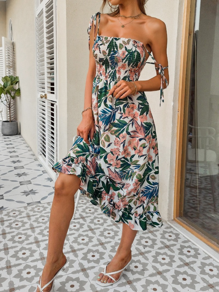 Sexy Floral Print Sling High Stretch Waist Pleated Boho Vacation Dress