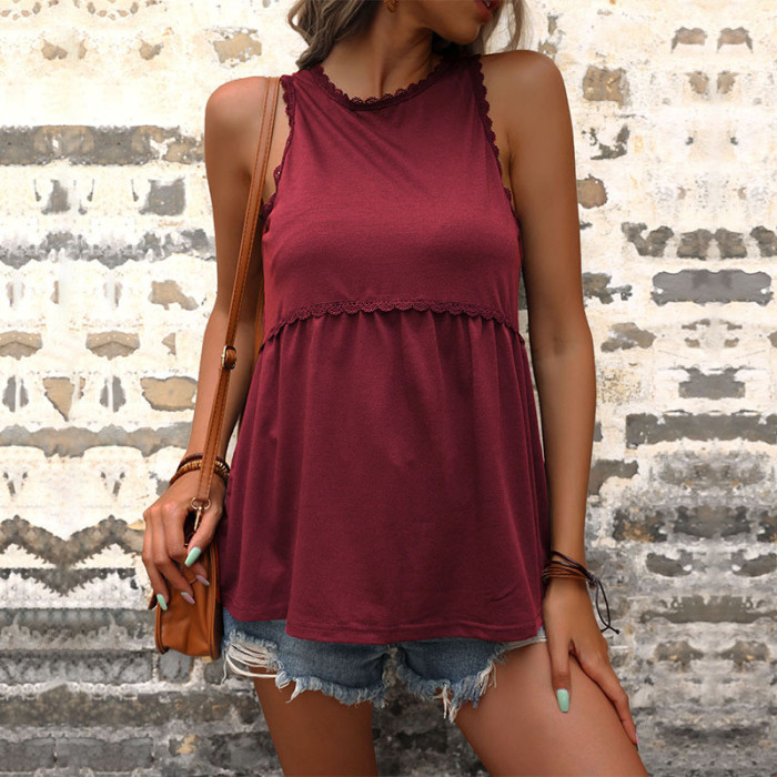 Fashion Women's Top Solid Color Cutout O Neck Sleeveless Casual Loose  T-Shirt