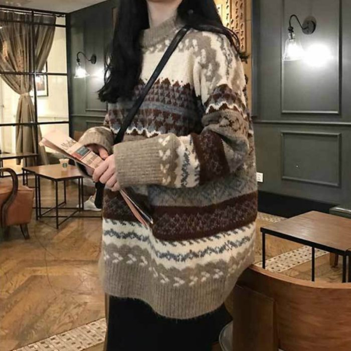 Women Vintage Loose Pullovers Casual Geometric Sweaters