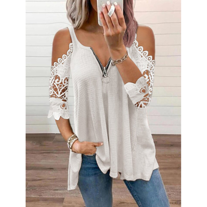 Summer Elegant Cutout Women's Sexy Lace Zipper V Neck Loose   T-Shirts