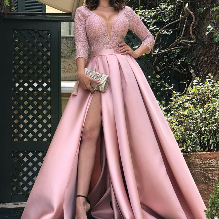 Women's Elegant Lace Sexy Slit Satin  Prom Dress