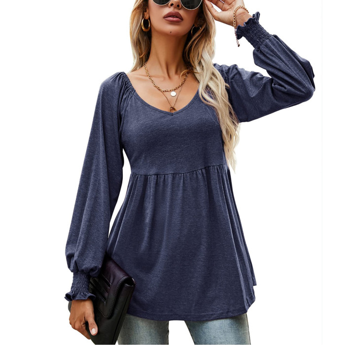 Women's Top V-Neck Balloon Sleeve Pleated Casual Shirts