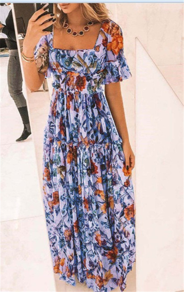 Sexy Short Sleeves Floral Print Off Shoulder Maxi Dress