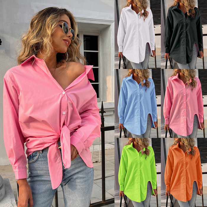 Women's Top Fashion V-Neck Long Sleeve Solid Color Loose Casual   Blouses