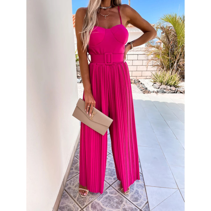 Women's Summer Sleeveless V-Neck Pleated Loose Jumpsuit