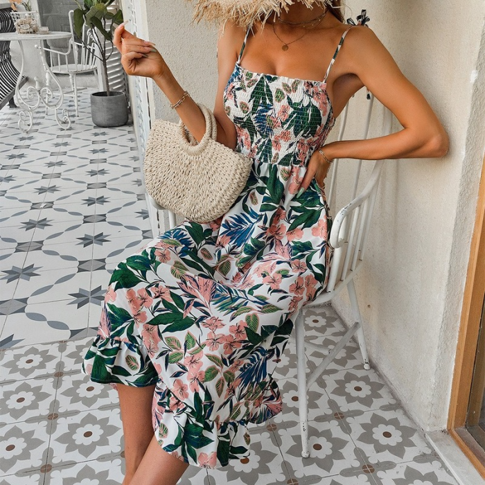 Sexy Floral Print Sling High Stretch Waist Pleated Boho Vacation Dress