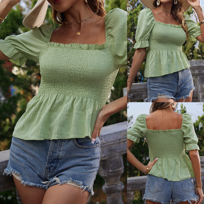 Square Neck Puff Sleeve Fashion Ruffle T-Shirt