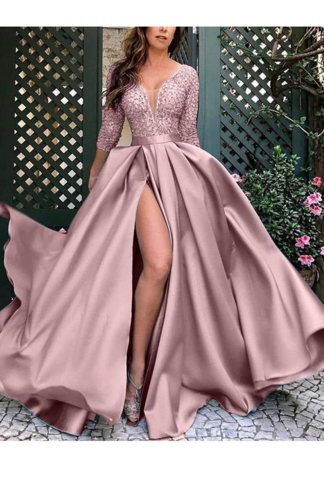 Women's Elegant Lace Sexy Slit Satin  Prom Dress