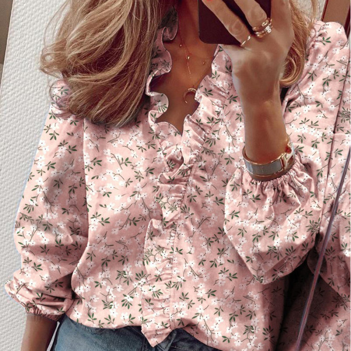 New Women's Floral Long Sleeve Loose Chiffon Fashion Shirts