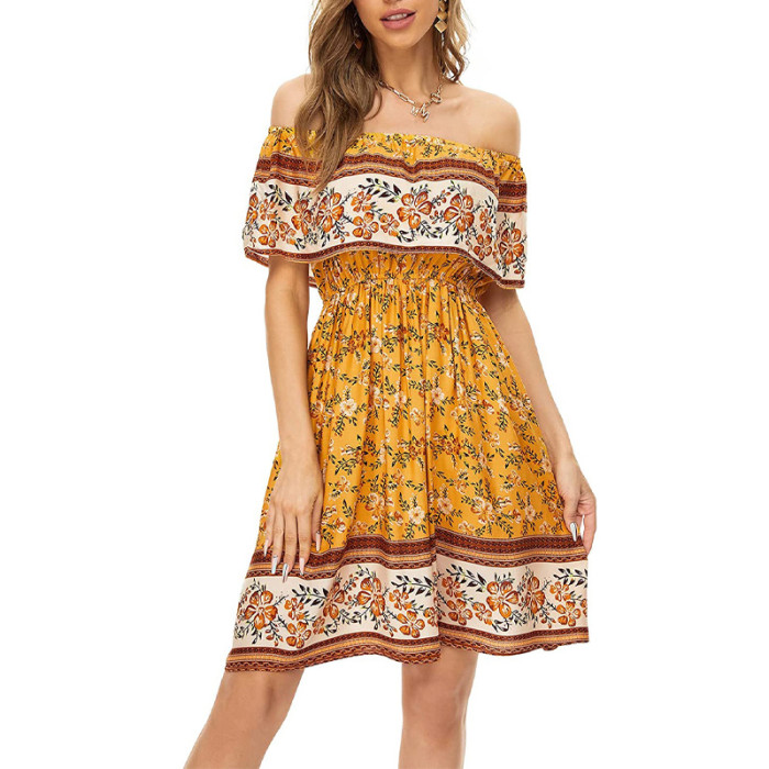 New Boho Print Sexy Off-the-Shoulder  Vacation Dress