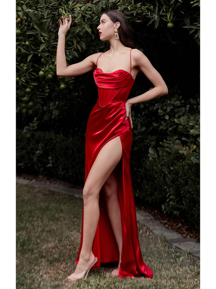 New Women's Sleeveless Solid Color One-Line Neck Slim Fit Backless Slit Sexy  Prom Dress