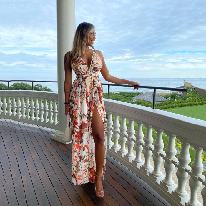 Women's Sleeveless Printed Chiffon Slit V-Neck Backless  Vacation Dresses