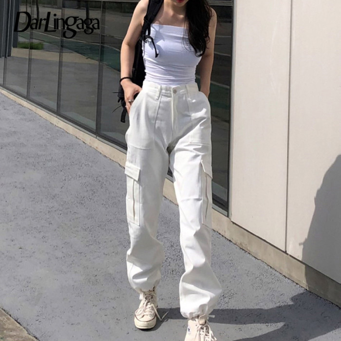 Women's Casual Solid Color Loose High Waist Cargo Pants