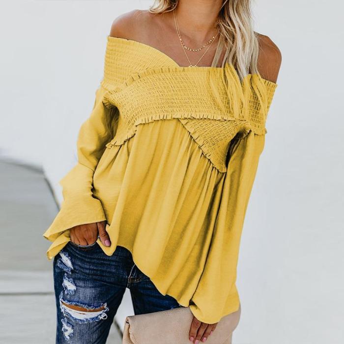 Elastic Off Shoulder Long Flare Sleeve Plain Pleated Loose T-Shirts