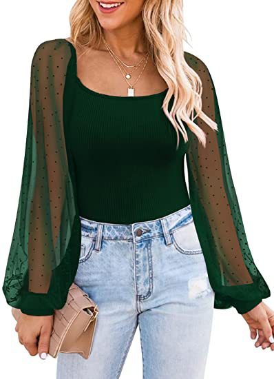 Summer Women's Sexy Chiffon Solid Slim Fit Mesh Puff Sleeve Shirts