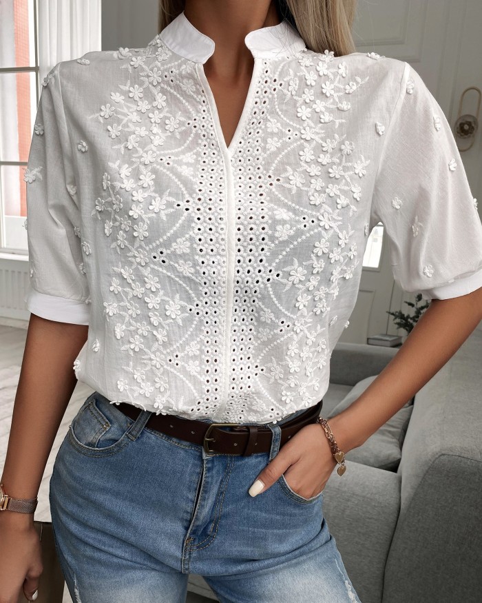 New Women's Solid Color Cutout V Neck Lace Puff Sleeve Fashion Shirt