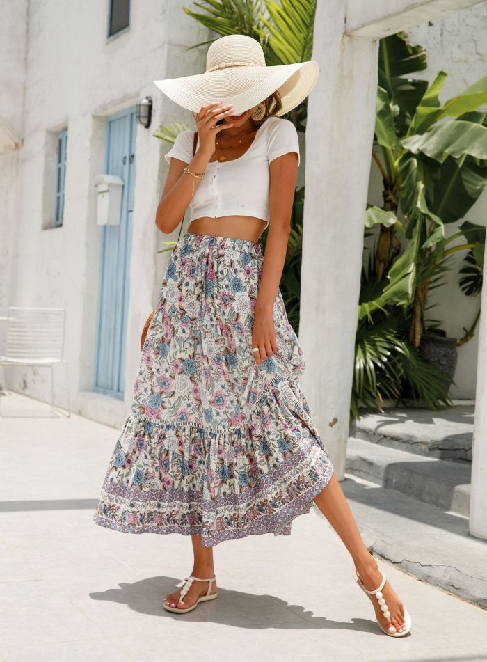 New Boho Floral Patchwork A-Line Casual Beach  Skirts
