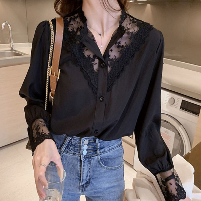 Women Lace Panel Chiffon O Neck Button Long Sleeves Elegant Shirts