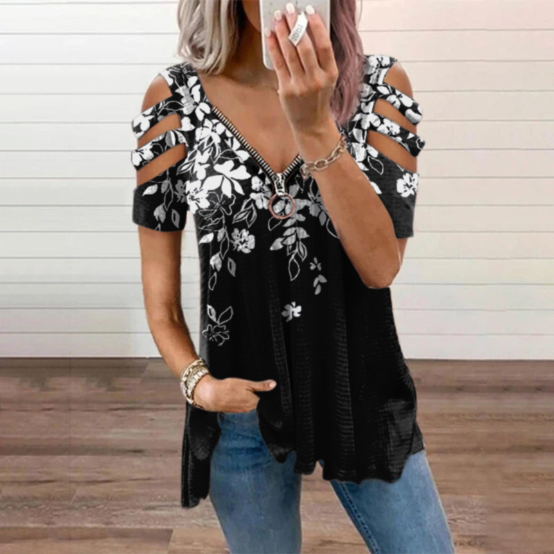 Women's Sexy Fashion Pullover Printed V-Neck Zip T-Shirt