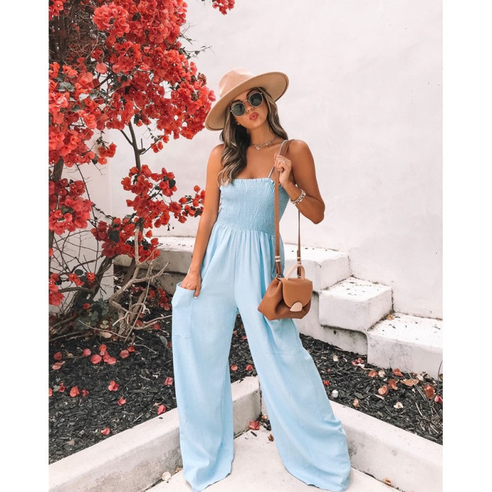 Women's Fashion Solid Color Sexy Sleeveless Sling Loose Casual Jumpsuit